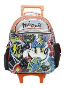 Mochila Minnie Infantil Con Carro 15 Pulgadas De 5 A 10 Años Naranja Lentejuelas