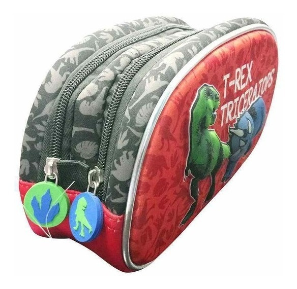 Cartuchera Mundo Dino 2 Cierres Dinosaurios T-rex Triceratop Rojo Di026 - Imagen 2