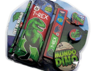 Set Escolar Mundo Dino Cartuchera Lápiz Regla Sacapunta Goma