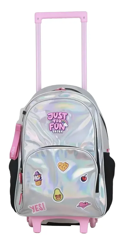 Mochila Escolar Con Ruedas Skora Think Happy Plateada De 17 Plateado Liso - Imagen 2