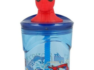 Vaso Infantil Spiderman Estatuilla Hombre Araña Con Pajita Azul