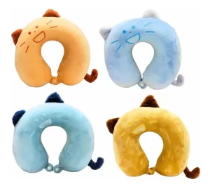 Almohada De Viaje Para Cuello Viscoelástica Infantil Color Celeste Diseño De La Tela Gatito