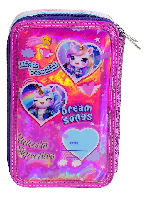 Cartuchera Canopla Escolar 3 Pisos Cierre Super Teens Talbot Color Fucsia Unicornios - Imagen 2