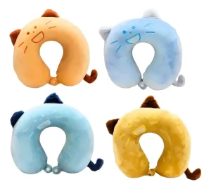 Almohada De Viaje Para Cuello Viscoelástica Infantil Color Celeste Verdoso Diseño De La Tela Gatito