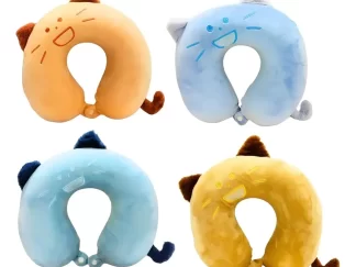 Almohada De Viaje Para Cuello Viscoelástica Infantil Color Celeste Verdoso Diseño De La Tela Gatito