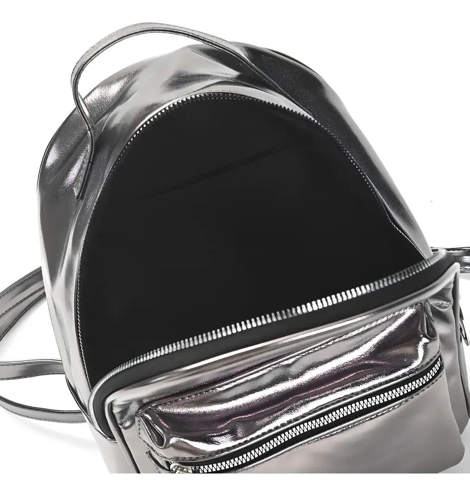 Mochila Skora Metalizada Urbana Mujer Dama Teen Color Plata Liso - Imagen 5