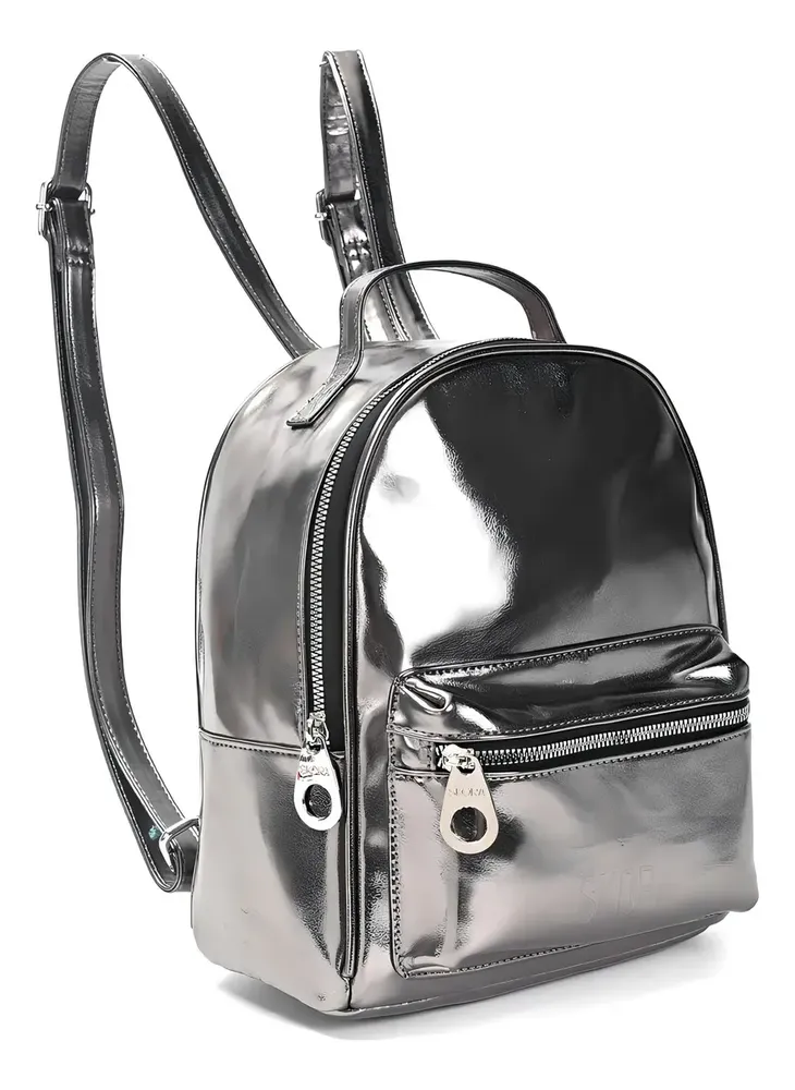 Mochila Skora Metalizada Urbana Mujer Dama Teen Color Plata Liso - Imagen 2