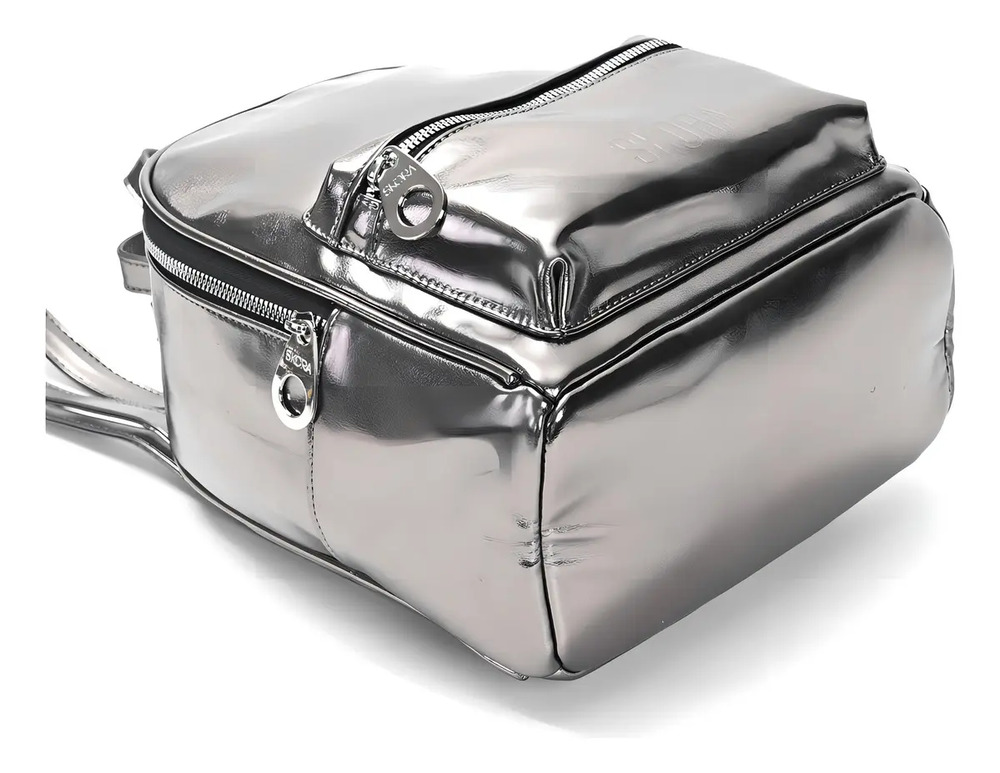 Mochila Skora Metalizada Urbana Mujer Dama Teen Color Plata Liso - Imagen 6