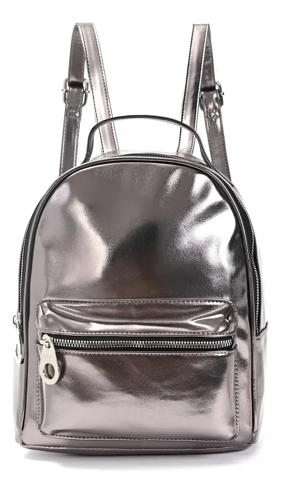 Mochila Skora Metalizada Urbana Mujer Dama Teen Color Plata Liso