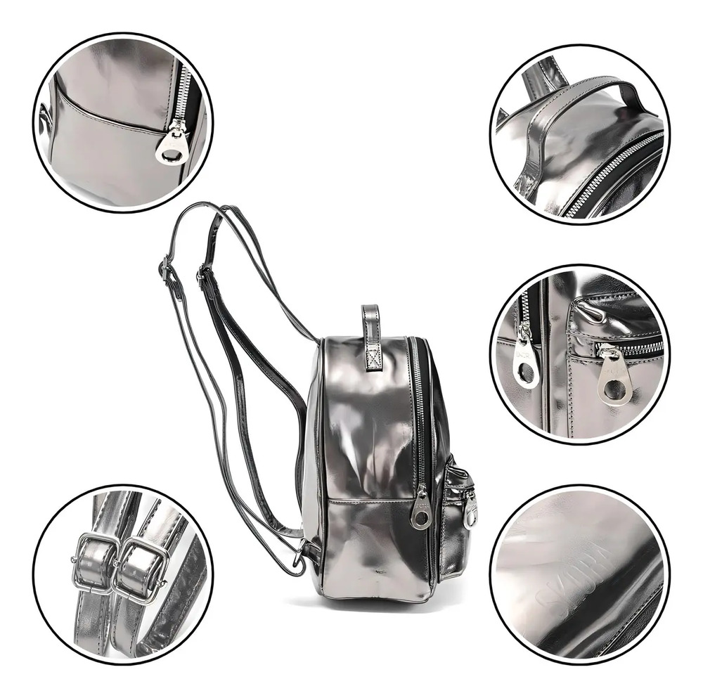 Mochila Skora Metalizada Urbana Mujer Dama Teen Color Plata Liso - Imagen 3